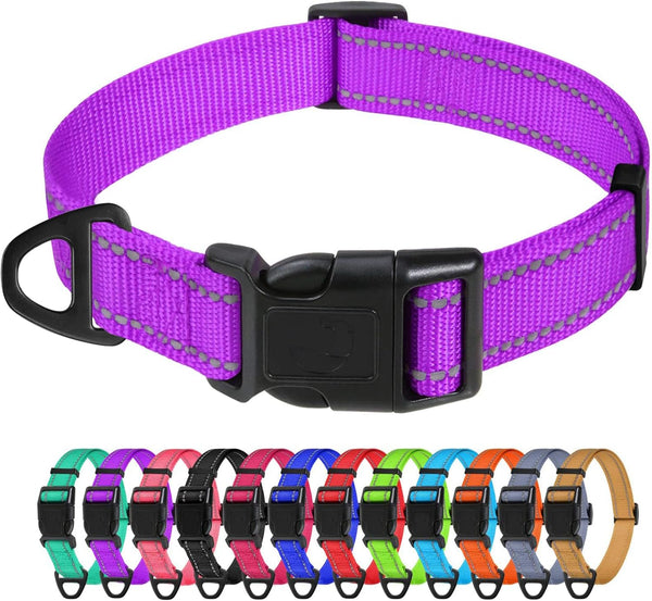 TagME Adjustable Reflective Nylon Dog Collar, Classic Pet Collar with Quick Release Buckle for Medium Dogs, Purple
