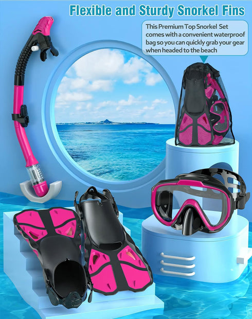 Snorkel Set with Fins for Adults, Snorkeling Gear Combo Set with Dry Top Snorkel Mask & Travel Bag