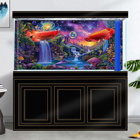 Aquarium Background with Galaxy Space Planet Design, Waterfall Landscape Tapestry for Fish Tank
