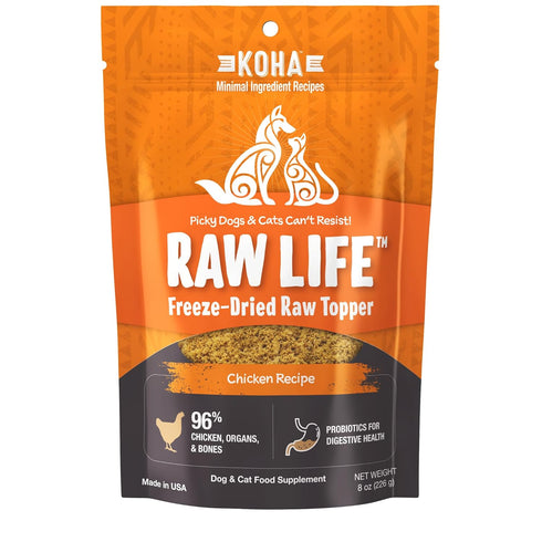 KOHA Raw Life Freeze-Dried Raw Topper Chicken: High Protein Meal Topper for Dogs and Cats, 8oz Bag for Picky Eaters