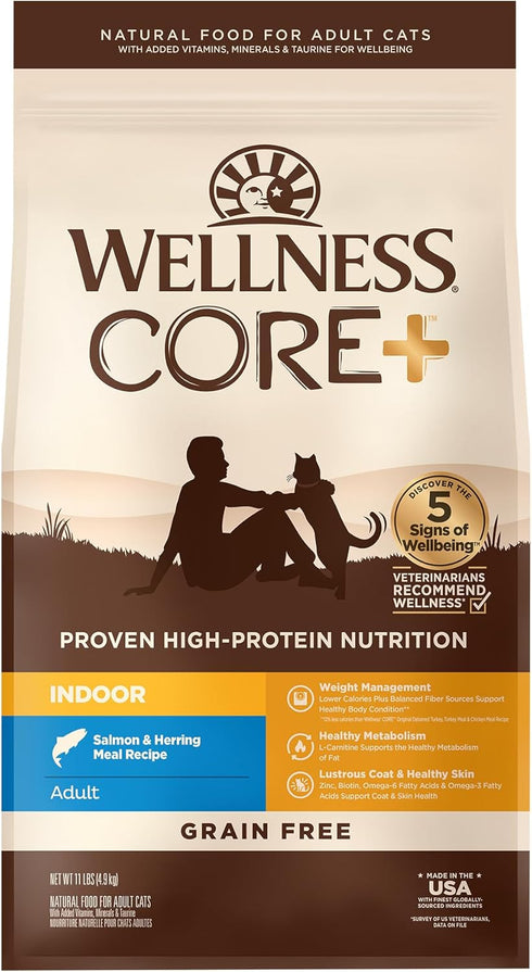 Wellness CORE+ Natural Grain-Free High Protein Adult Dry Cat Food, Salmon and Herring Meal, Indoor Recipe, 11 Pound Bag