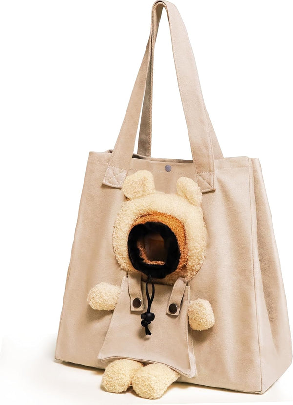 Pet Canvas Shoulder Carrying Bag, Cute Khaki Bear Shaped Cat Carrier, M Size Portable Tote for Small Dogs, Cats,