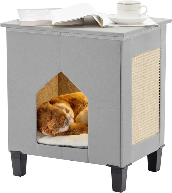 NUROMY Cat House for Indoor Cats Condo,Cat Furniture with Large Area Scratch PadLeather