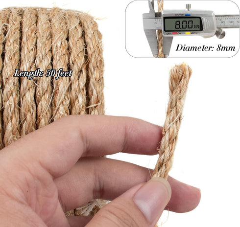 Sisal Rope for Cat Scratcher 3/10 Inch 50 Feet Cat Tree Rope Replacement Natural Hemp Rope, Thick Cat Scratching Post Rope for Indoor/Outdoor, Repairing, Recovering, DIY Scratcher (Brown)