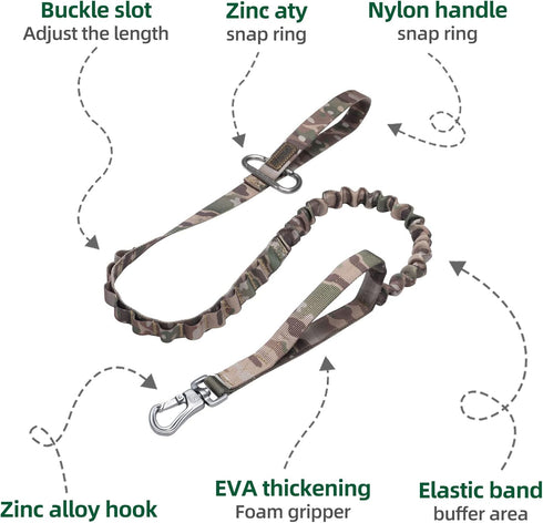 EXCELLENT ELITE SPANKER Bungee Dog Leash, Tactical Nylon Adjustable No Pull Leads Rope with 2 Control Handles