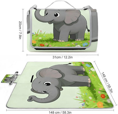LZQPOEAS (58.3" 58.3"), Elephant with Gray Picnic Blanket Outdoor, Square Foldable Lightweight Waterproof Beach Mat X