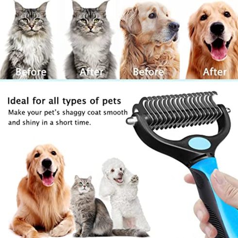 Dog Brush for Shedding - 2 Sided Deshedding Comb for Short & Long Haired Dogs, Cats & Pets - Blue