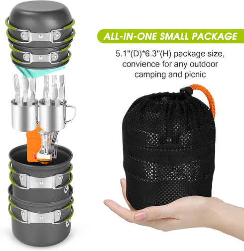Odoland 16pcs Camping Cookware Mess Kit, Lightweight Pot Pan Mini Stove with 2 Cups, Fork Spoon for Outdoor Camping