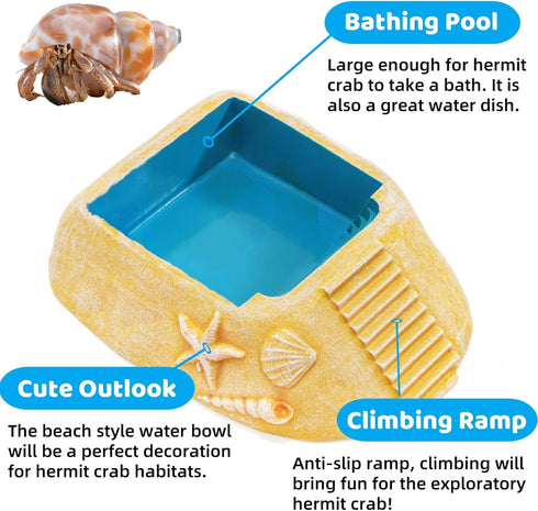 Hermit Crab Water Bowl with Climbing Ramp, Medium Reptile Water Bathing Pool Food Dish, Tortoise Habitat Aquarium Tank