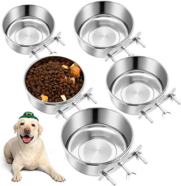 5 Pack No Spill Hanging Dog Crate Water Bowls, Stainless Steel Mountable Metal Dog Food Bowls for Cats