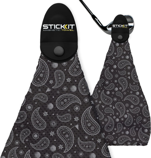 STICKIT Magnetic Golf Towel, Black Paisley Microfiber with Deep Waffle Pockets, Strong Magnet