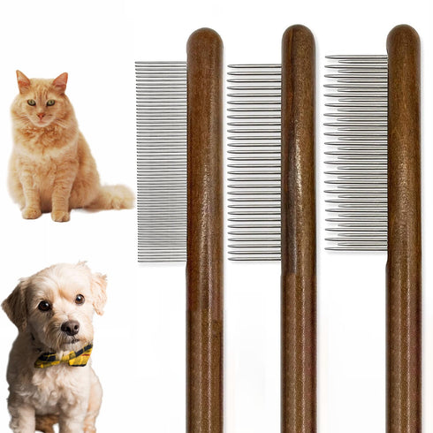 3 Pack Solid Wood Combs for Cats and Dogs - Tangle and Knot Remover - Flea Lice Comb with Rounded Stainless Steel Teeth