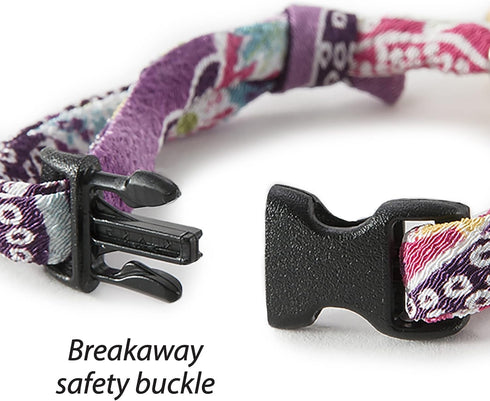 Necoichi Chirimen Hanabi Fireworks Cat Collar (Purple) with Bell, Safety Breakaway for Cats