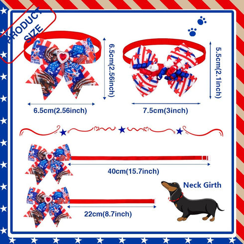 24PCS 4th of July Dog Bow Tie Collar - Adjustable Star Stripe Patriotic Pet Bow Tie for Independence Day