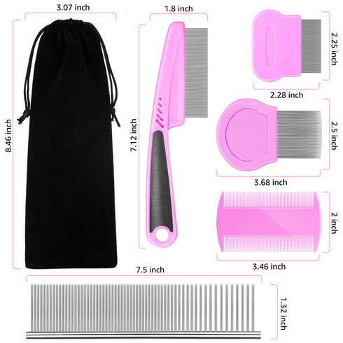 Flea Comb for Dogs & Cats, 5 Pieces Grooming Set with Metal Teeth and Storage Pouch (Pink)