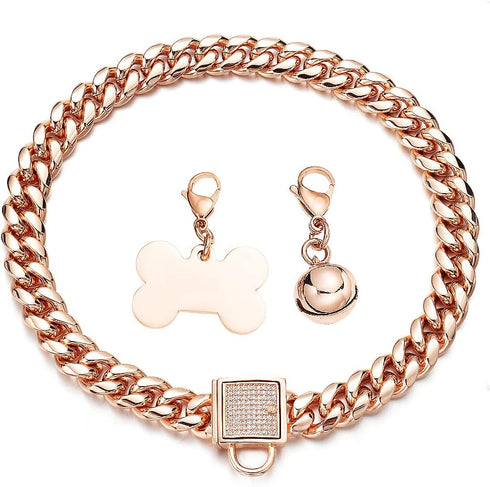 Rose Gold Dog Chain Collar with CZ Design Buckle, Stainless Steel Cuban Link Chain for Boys Girls (14mm, 18'')