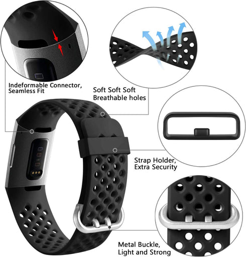 Wepro Bands Replacement for Fitbit Charge 3, Large Waterproof Breathable Sport Strap Accessories for Charge 3 SE, Black