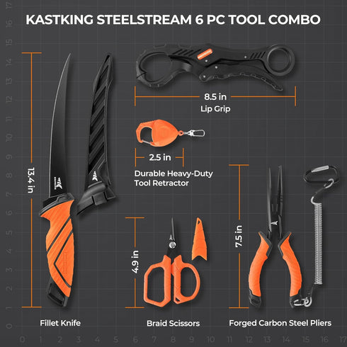 KastKing SteelStream 6pc Fishing Tool Kit - Corrosion Resistant Pliers, Fillet Knife, Gripper, Scissors, Gifts for Men