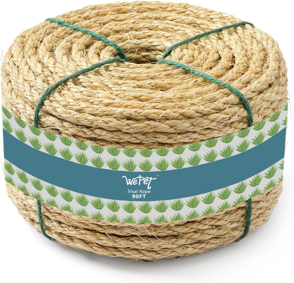 Cat Natural Sisal Rope 90FT, Hemp Rope for Scratching Post Tree Replacement, Repairing, DIY Scratcher, Natural Color