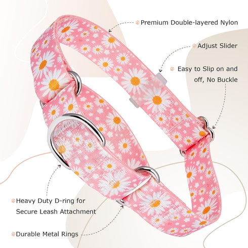 Martingale Collar for Dogs - Medium Large Adjustable Soft Nylon with Pink Daisy Floral Design, No Slip Training Collar