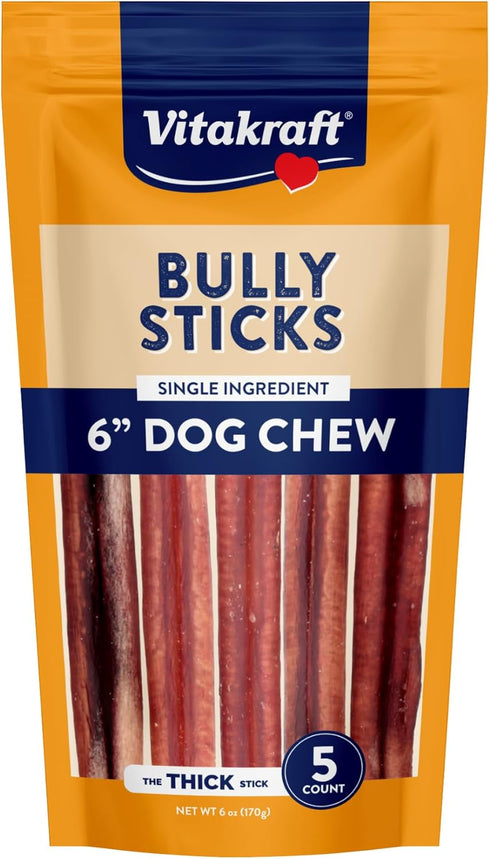 Vitakraft Dog Bully Sticks, 6 Inch, 5 Count, Thick, All-Natural Beef Chews