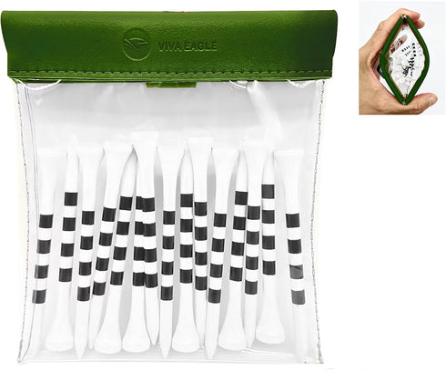 Golf Tees Pouch Bag with Clip, Clear Transparent Pocket for Accessories & Valuables | 15 Bamboo Tees Included (Green)