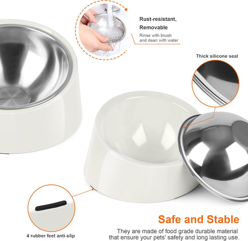 Tilted Angle Dog Bowl, 15° Slanted Stainless Steel Pet Feeder, Non-Slip & Non-Spill with Elevated Melamine Stand, White