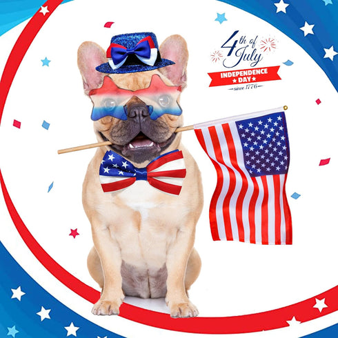 Dog Independence Day Costume 3PCS 4th July Dog Hat USA Stars Sunglasses American Flag Bow Tie Collar Medium Large Dogs Cat Patriotic Outfit Accessories (Stars Style 3PCS, USA Red Blue and White)