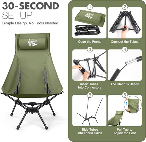 AuraroTrail 374 lb AuroraTrail High Back Folding Camping Chair with Pillow Lightweight Portable Outdoor Chair with Cup