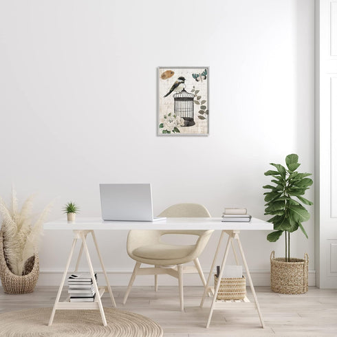 Stupell Industries Vintage Bird Cage Butterfly Floral Script Words Framed Wall Art, Design By Nan