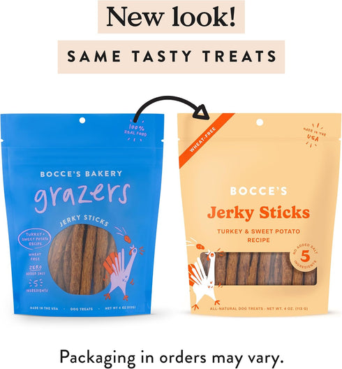 Bocce's Bakery Jerky Stick Dog Treats, Wheat-Free, Limited-Ingredients, High-Protein, Turkey & Sweet Potato, 4 oz,