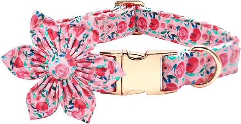 Cute Pink Flowers Print Dog Collar, Soft Adjustable Pet Collar with Metal Buckle Gift for X-Large Dogs