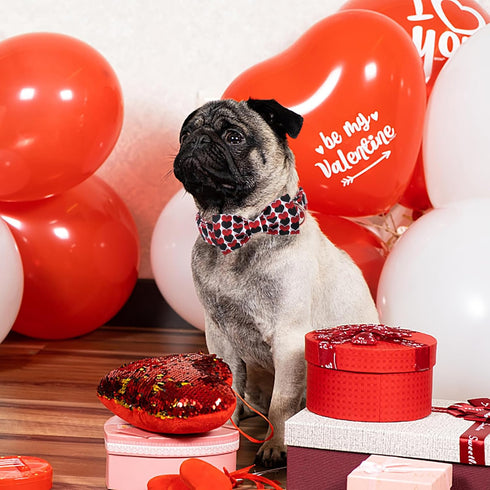 Valentine's Day Adjustable Dog Collar for Small Dogs with Bow Tie, Red&Black Love Heart Collar for Medium Large Dogs,