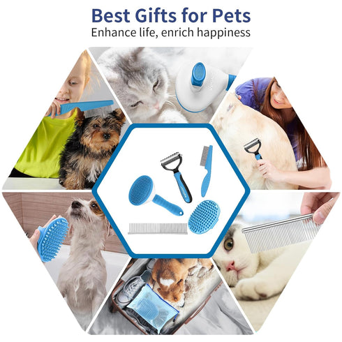 5 in 1 Dog Grooming Kit - Self-Cleaning Slicker Brush for Shedding Dogs & Cats, Includes Pet Comb, Bath Brush, Rake