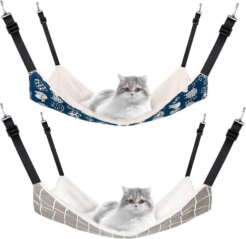 2 Pieces Reversible Cat Hanging Hammock - Soft Breathable Pet Cage Hammock with Adjustable Straps for Cats & Small Dogs