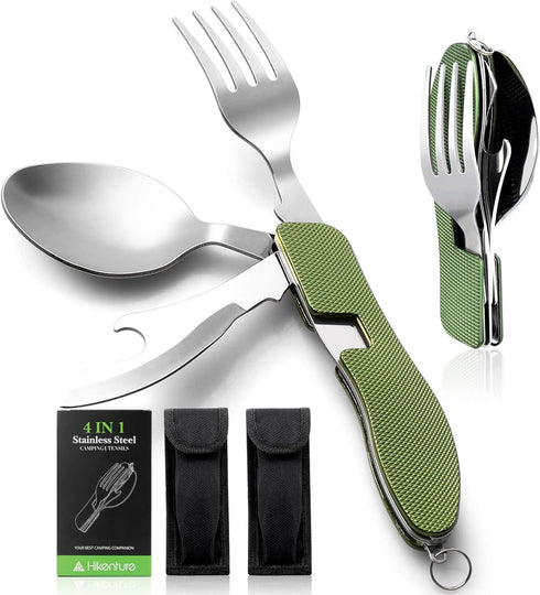 HIKENTURE Camping Utensils 2 Pack - 4-In-1 Stainless Steel Spoon Fork Knife Set for Backpacking Travel