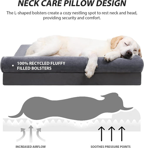 KSIIA Orthopedic Dog Bed, 36x27 Inch Gray, Waterproof Flannel Bolster Couch Bed with Removable Cover