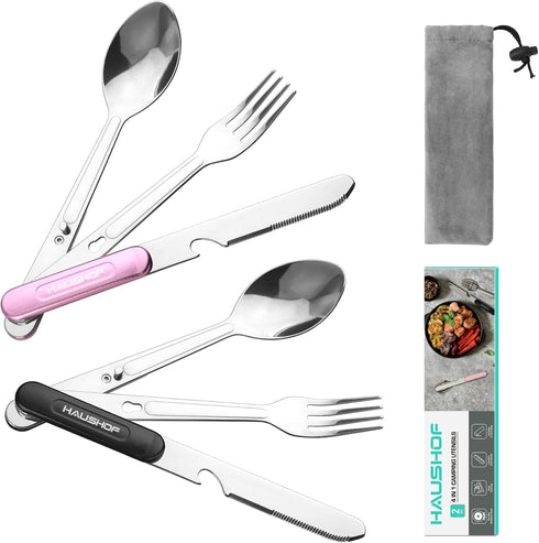 HAUSHOF 4-in-1 Camping Utensils, 2-Pack Detachable Stainless Steel Spoon, Fork, Knife & Bottle Opener for Traveling,