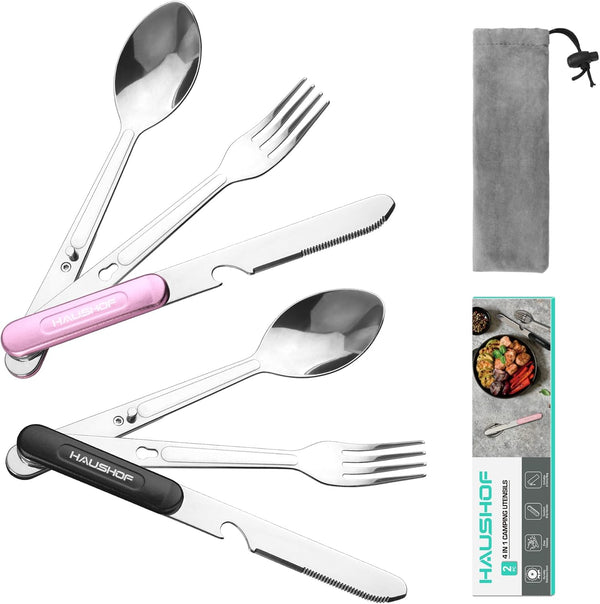HAUSHOF 4-in-1 Camping Utensils, 2-Pack Detachable Stainless Steel Spoon, Fork, Knife & Bottle Opener for Traveling,
