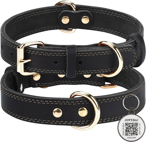 Joytale Genuine Heavy Duty Leather Dog Collars for Small Dogs, Soft Metal Buckle, QR ID Tag, Black, S