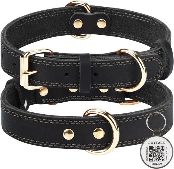 Joytale Leather Dog Collar for Large Dogs, Genuine Heavy Duty Wide Collar with QR ID Tag, Soft Metal Buckle, Black, XL