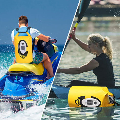 Waterproof Dry Bag with Solar Bluetooth Speaker & Light, 20L Roll Top Dry Sack for Kayaking, Hiking