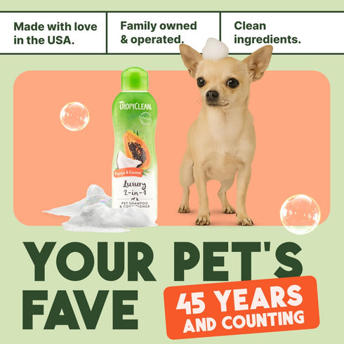 2-in-1 20oz. TropiClean Dog Shampoo and Conditioner, Moisturizing Dog Detangler, Puppy Safe, Made in the USA, Papaya