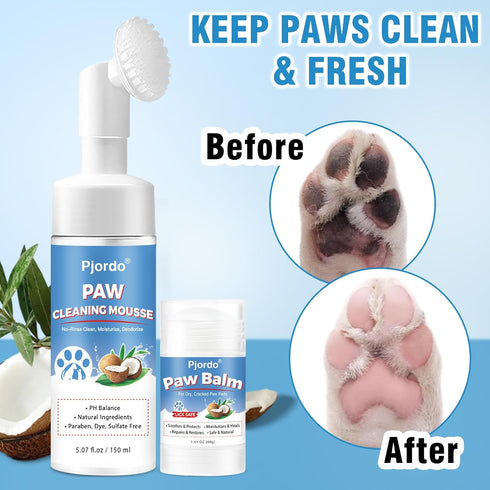 Dog Paw Cleaner Kit - No-Rinse Foaming Cleanser, Paw Balm for Dry Cracked Paws & Nose, Pet Foot Washer