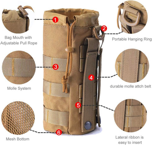 Upgraded Tactical Water Bottle Pouch Bag, Molle Drawstring Holder, Travel Mesh Hydration Carrier