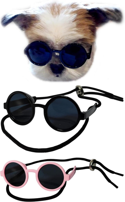 G016 Dog Cat Pet Round Sunglasses Goggles, 2-Pack for Small Breed Dogs up to 15lbs (Black + Pink)