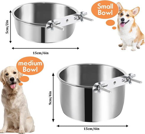 2 Pack Dog Water Bowl Crate, No Spill Kennel Hanging Cage Food Bowls for Puppy, Cat, Bunny, Stainless Steel Metal