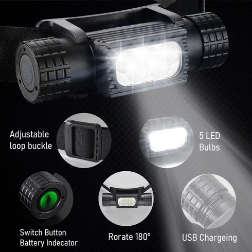 LED Headlamp 1200 High Lumen Rechargeable Super Bright with 7 Modes for Adults Hiking Running Camping Gear