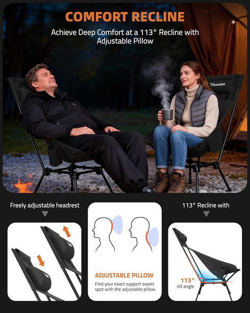 Trakiom High Back Folding Camping Chair, Widened Seat & Lightweight Black Portable Chair with Stable Design, Adjustable
