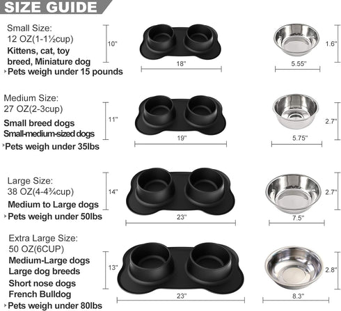 Pet Deluxe Dog Bowls, Stainless Steel with No Spill Skid Resistant Silicone Mat, 24oz and 48oz Set